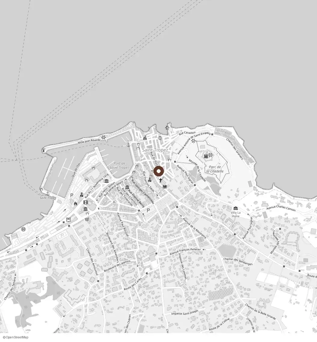 Plan de Saint-Tropez situant le restaurant Au Caprice des Deux, 40 rue du Portail Neuf