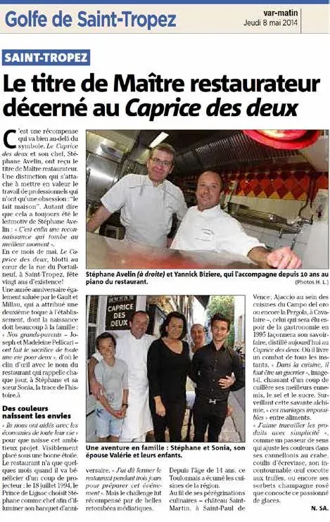 Article de Var-matin sur le titre de Maître Restaurateur décerné au Caprice des Deux
