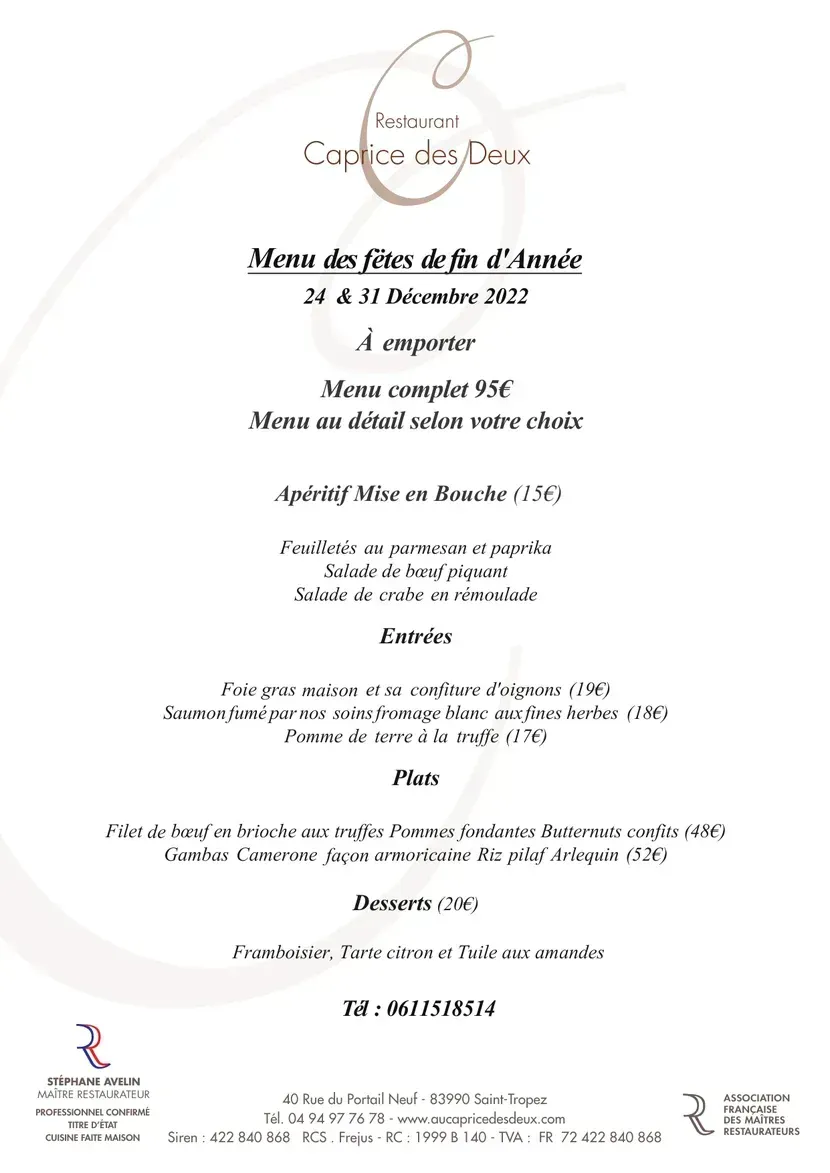 Menu de fêtes à emporter du Caprice des Deux
